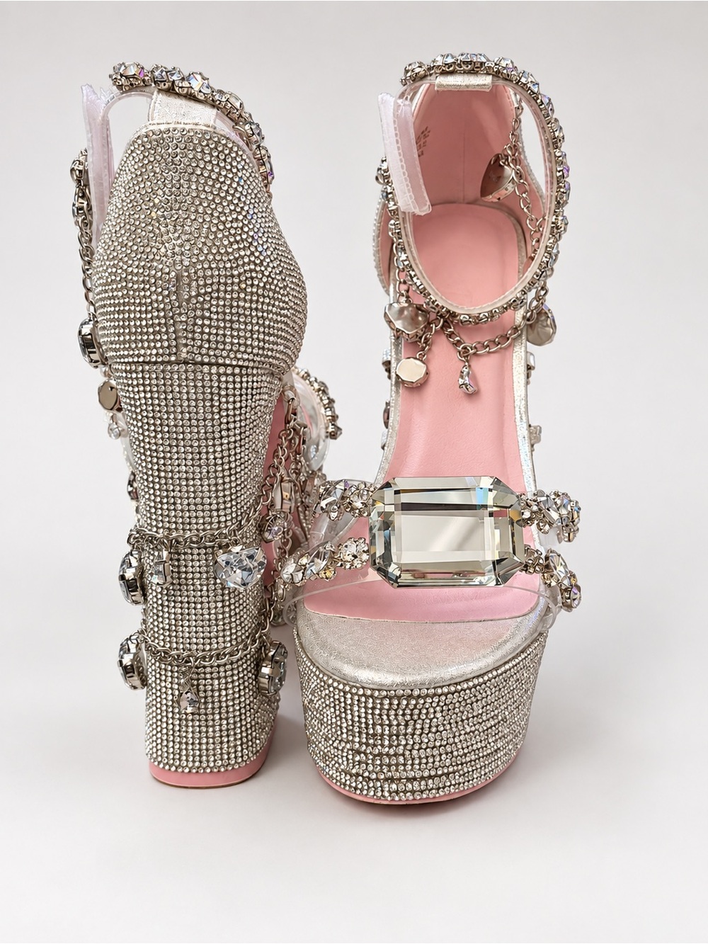 Dolls Kill Rhinestone Crystal Platform Heels Pink Silver Bling Size 9